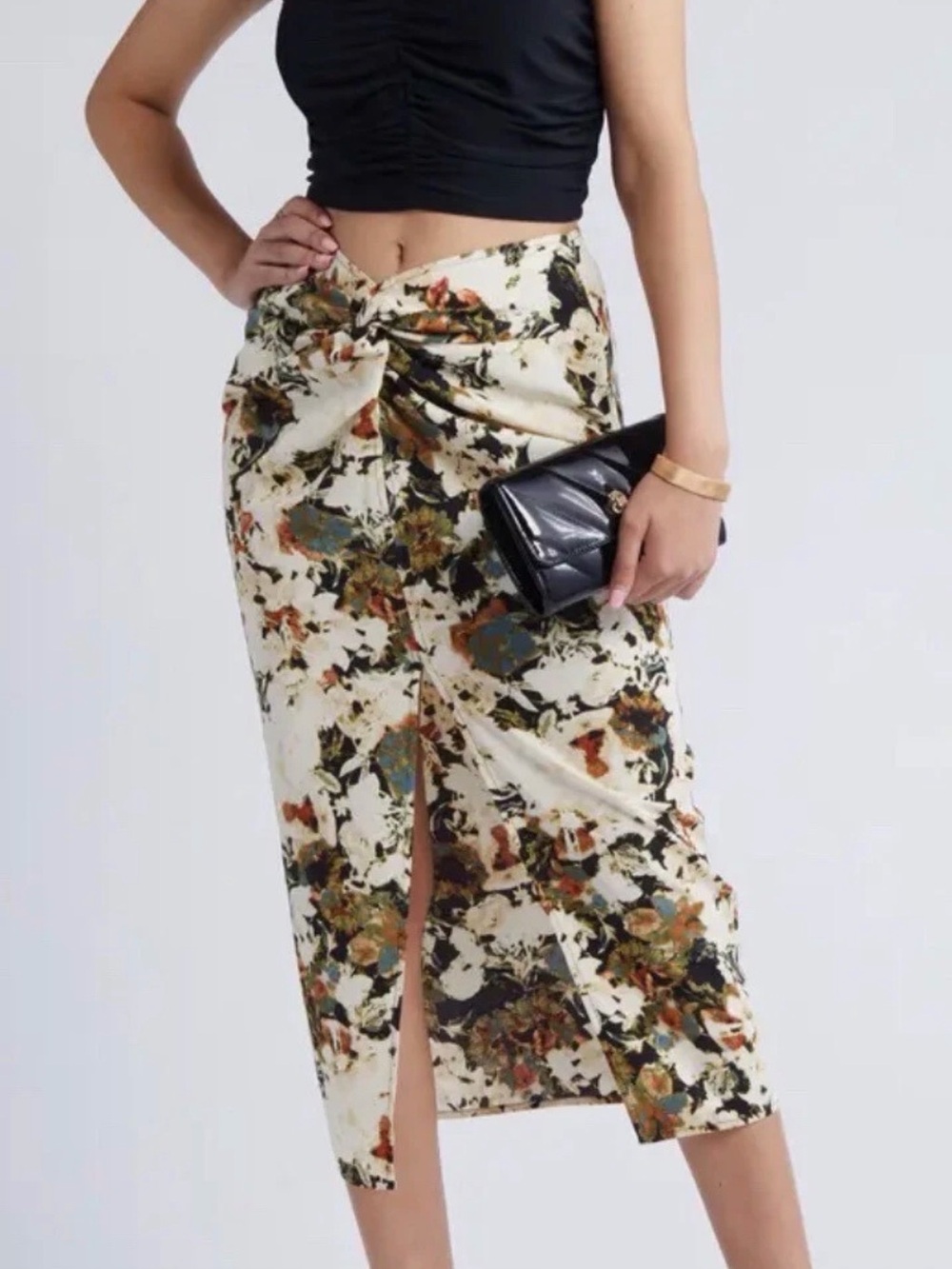 OPEN EDIT Twist Front Skirt Ivory Multi Floral Size M
